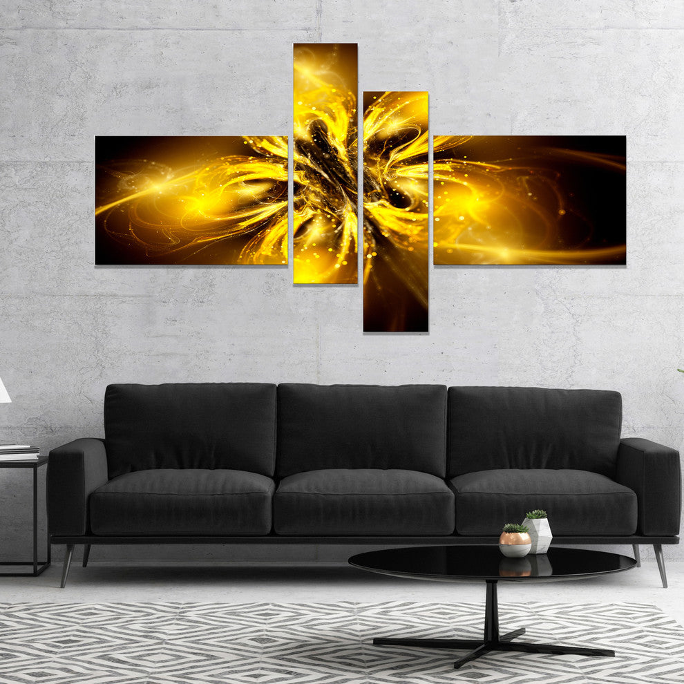 Shiny Gold Fractal Flower on Black, Floral Canvas Art Print, 60"x32", 4 panels