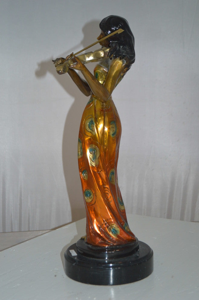 Girl Playing the violin Bronze Statue -  Size: 10"L x 7"W x 19"H.