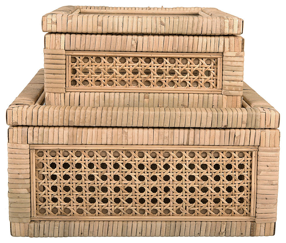 Olive Grove Woven Rattan Display Boxes, Glass Top, Square - Natural