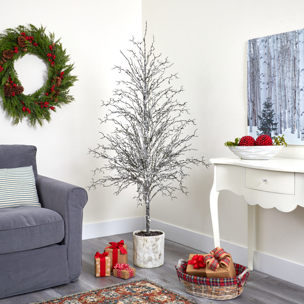 6'' Snowed Twig Artificial Tree, Decorative Planter