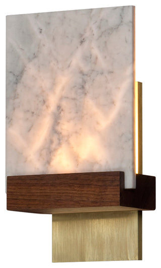 Fortis LED Wall Sconce, Oiled Walnut, Brushed Brass, Carrara Marble