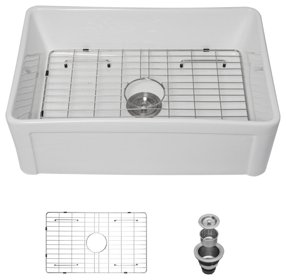 White Ceramic 30 in. Single Bowl Farmhouse Apron Kitchen Sink with Bottom Grid