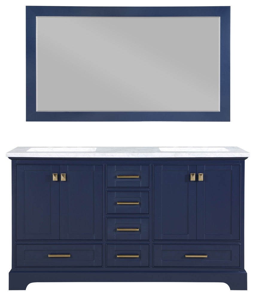 60" W Double Freestanding Bath Vanity, Blue With White Marble Top