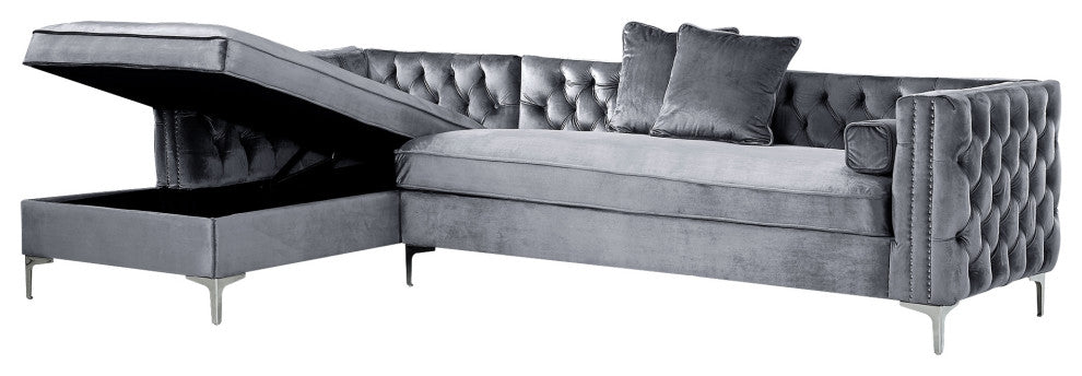 Jeannie Velvet Tufted With Nailhead Trim Sectional, Gray, Left Facing Chaise
