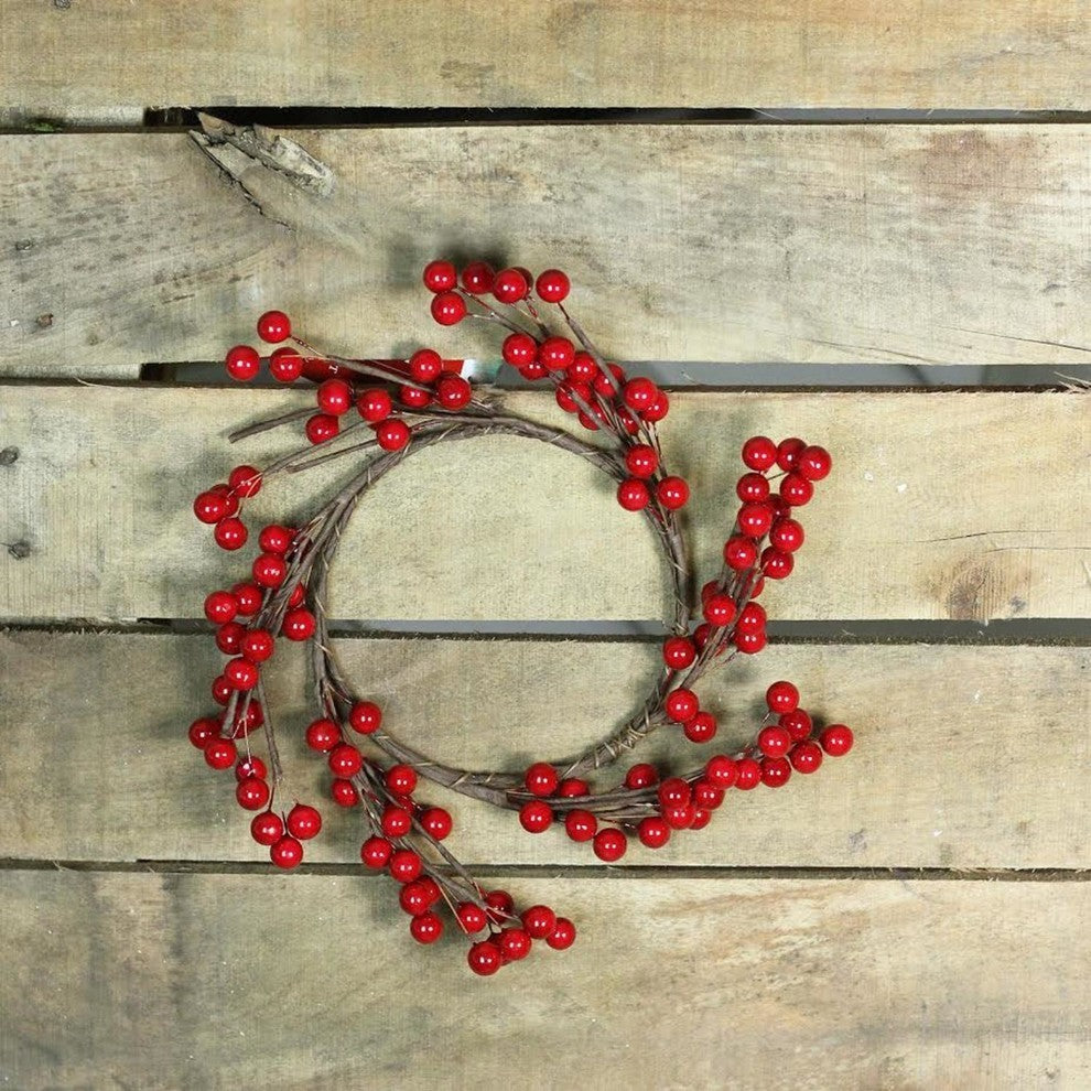 9" Decorative Artificial Shiny Red Berries Christmas Candle Holder Ring