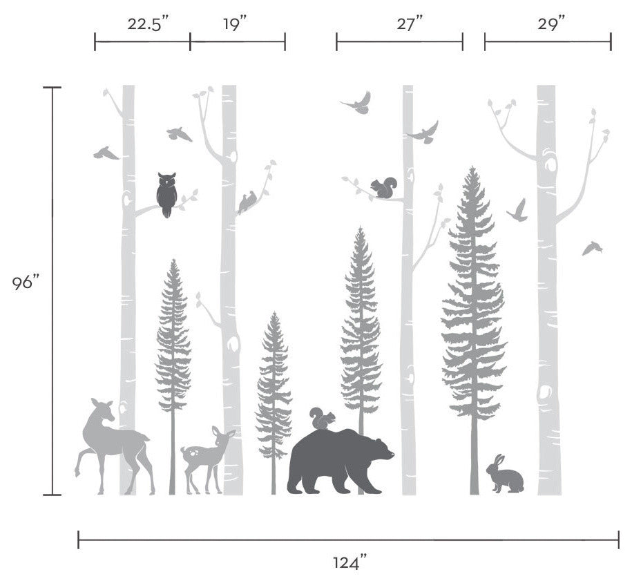 Birch Trees With Animals Wall Decal, Scheme A, 120" Tall Trees