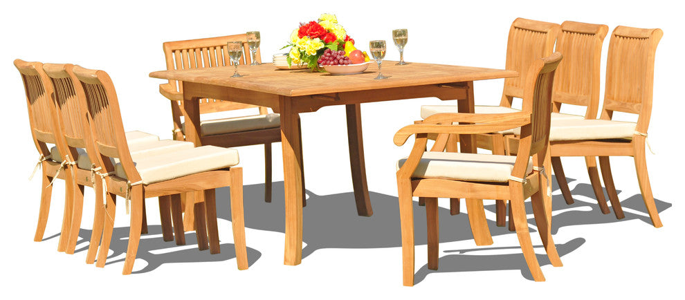 9-Piece Teak Dining Set, 94" Ext Rect, 8 Arbor Stacking Arm/Armless Chairs