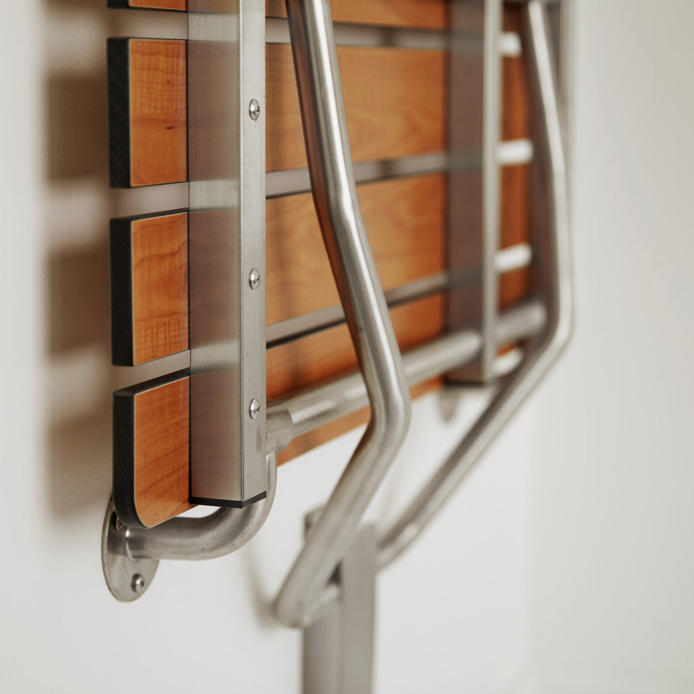 ADA Wall Mount Folding Teak Phenolic Transfer Bench Shower Seat, Left-Handed 26"