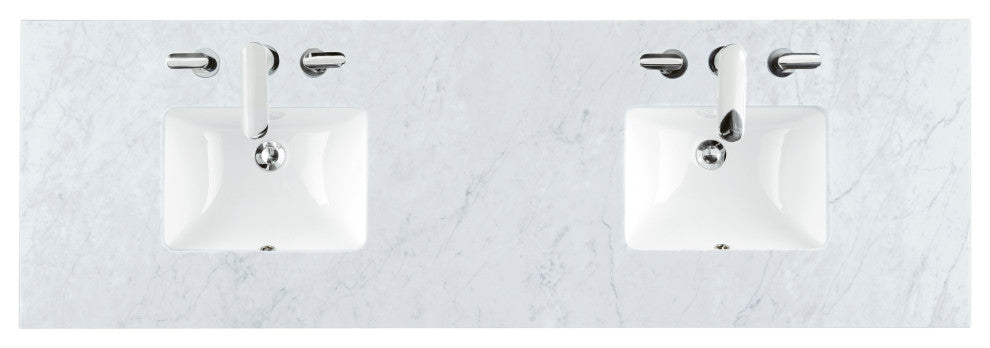Bristol 72" Double Vanity Bright White, Whitewashed Walnut, Carrara Marble, Three-Hole