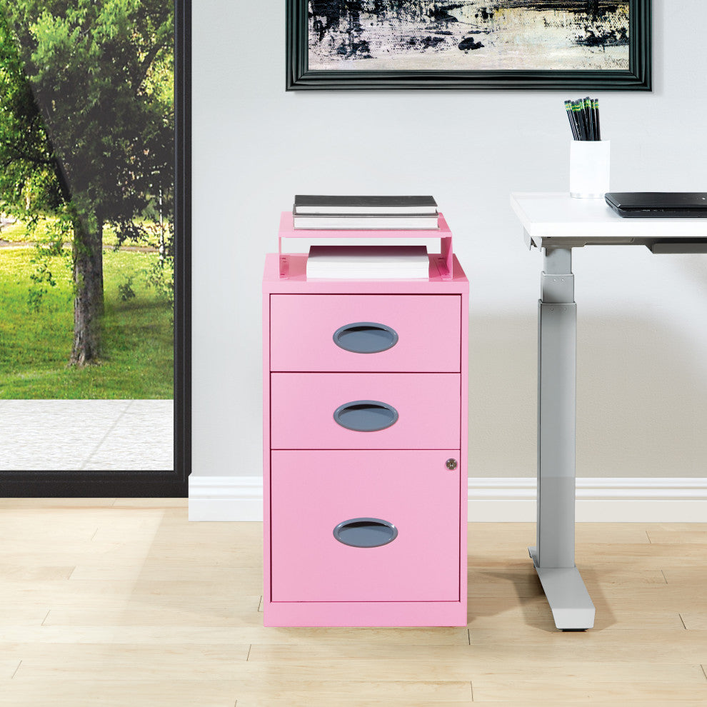 3 Drawer Locking Metal File Cabinet With Top Shelf, Pink