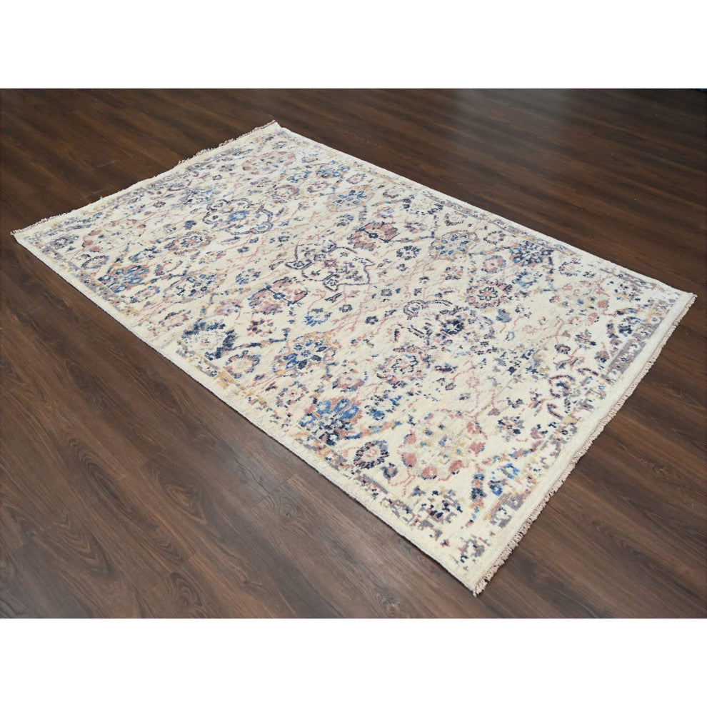 Ivory, Pure Wool, Hand Knotted, Mahal Design, Oushak Oriental Rug, 5'10"x8'10"