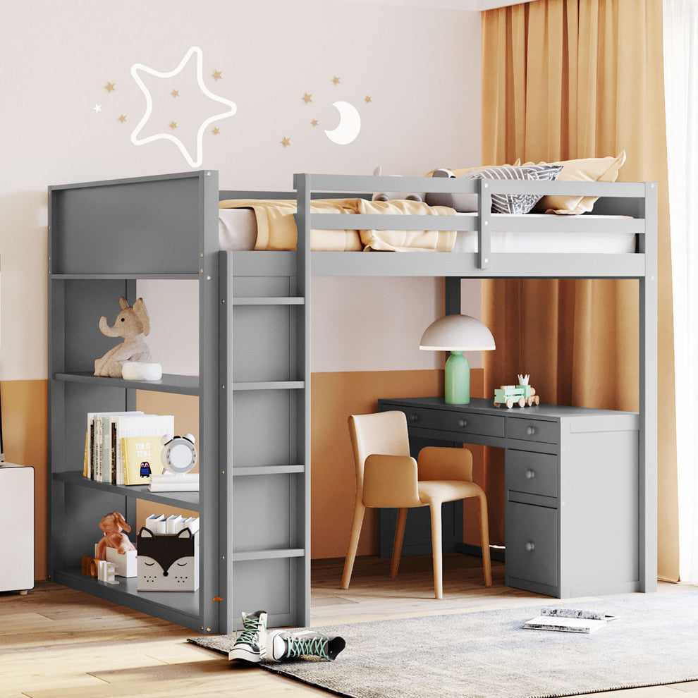 Gewnee Full Size Wood Loft Bed with Ladder,Shelves and Desk in Gray