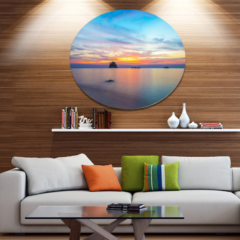Bluish Calm Sunset And Seashore, Seashore Disc Metal Artwork, 38"