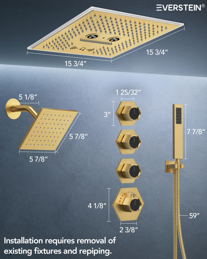 Music Shower System 16x6"Rainfall LED Shower Head With4 Way Thermostatic Faucet, Brushed Gold