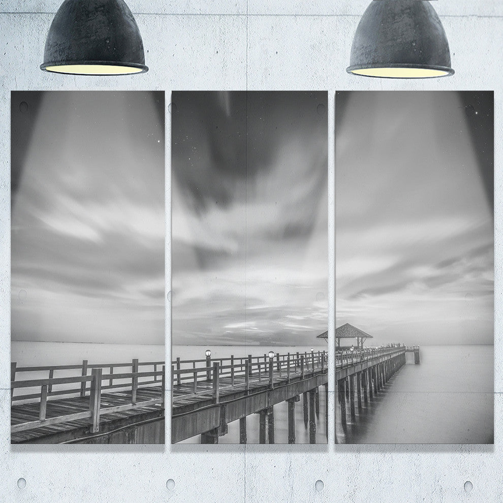 "Black and White Wooden Bridge and Sky" Metal Wall Art, 3 Panels, 36"x28"