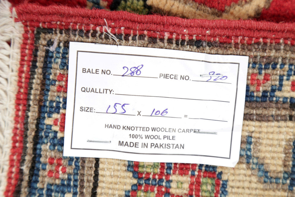 Hand Made Kazak Oriental Traditional Pakistani Area Rug, Red, 5'1"x3'5