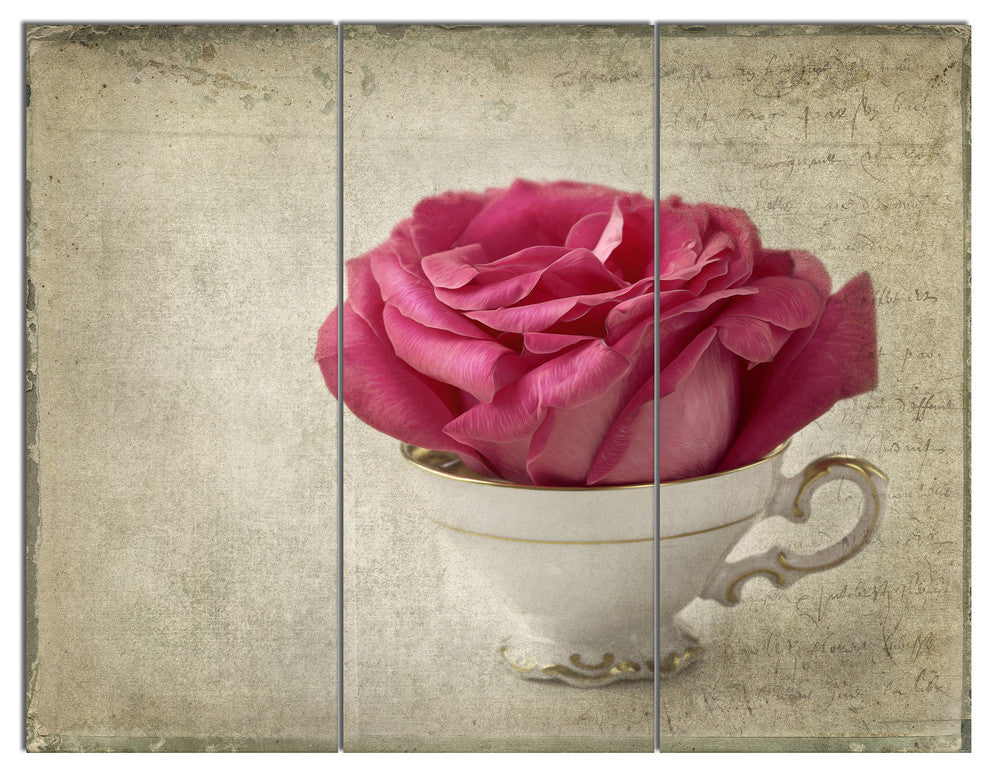 Red Rose in Cup Photography, Floral Triptych Canvas Art Print, 36x28, 3 Panels