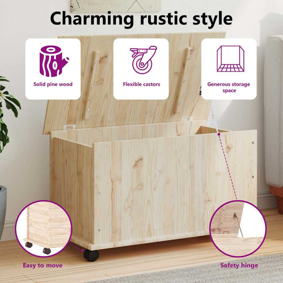 vidaXL Storage Chest Storage Trunk Toy Box with Wheels ALTA Solid Wood Pine, Natural, 1 Pcs