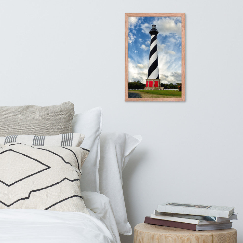 Cape Hatteras Lighthouse Coastal Landscape Framed Photo Paper Wall Art Prints, Red Oak, 12" X 18"