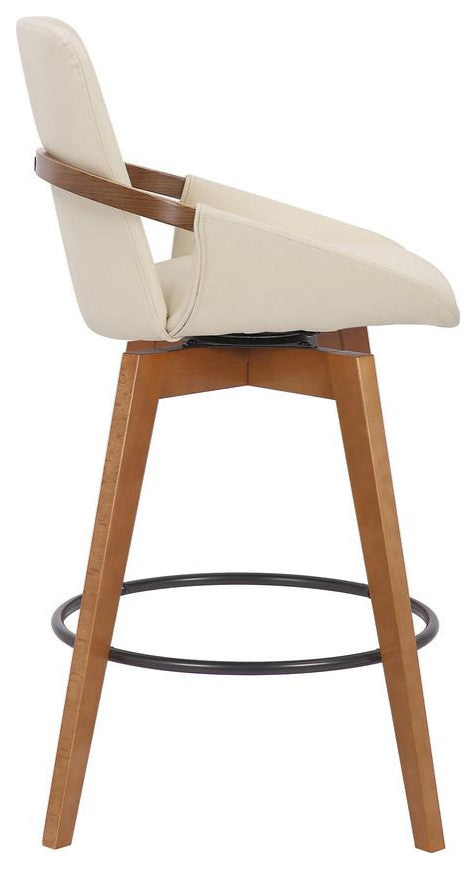Baylor Swivel Wood Bar or Counter Height Stool in Faux Leather in WALNUT