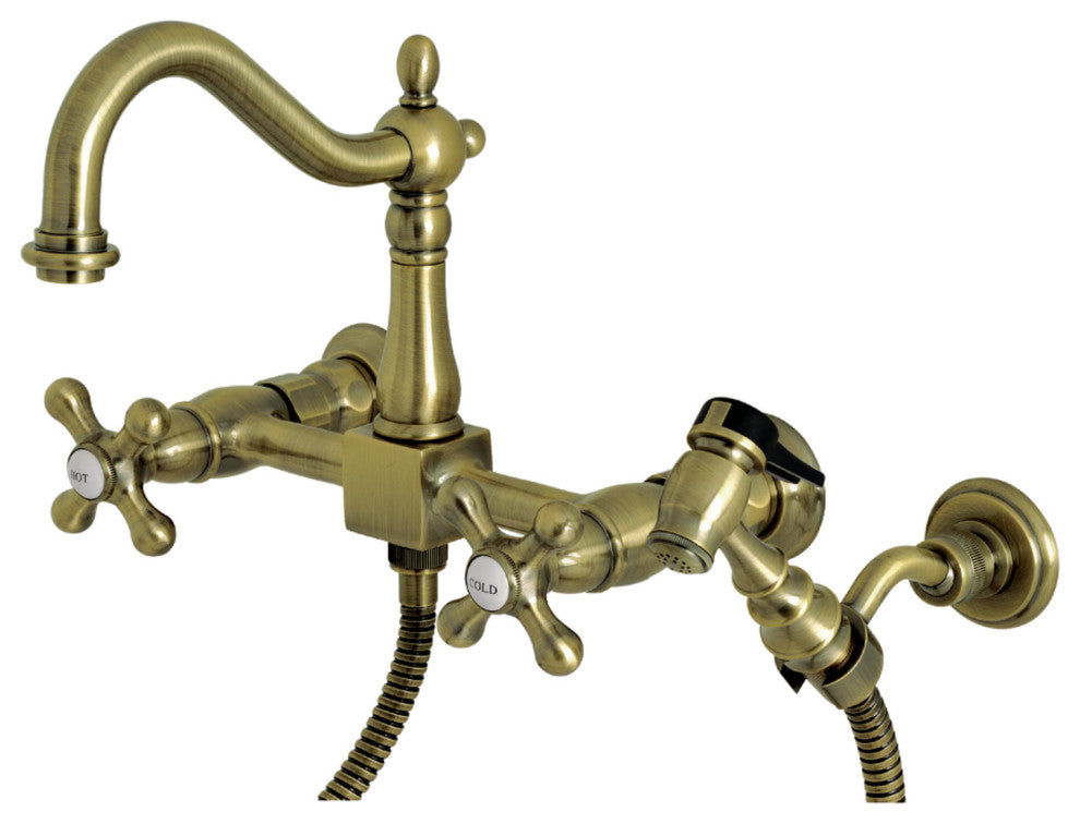 KS126XAXBS-P Heritage Wall Mount Bridge Kitchen Faucet with Brass Sprayer, Antiq