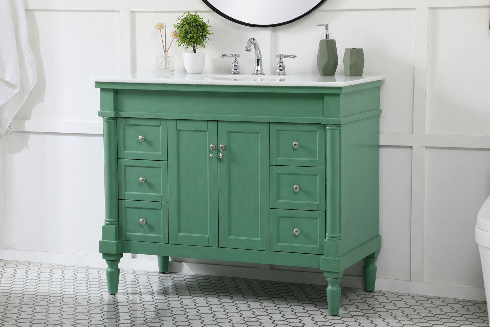 42" Single Bathroom Vanity, Vintage Mint With Ivory White Engineered Marble