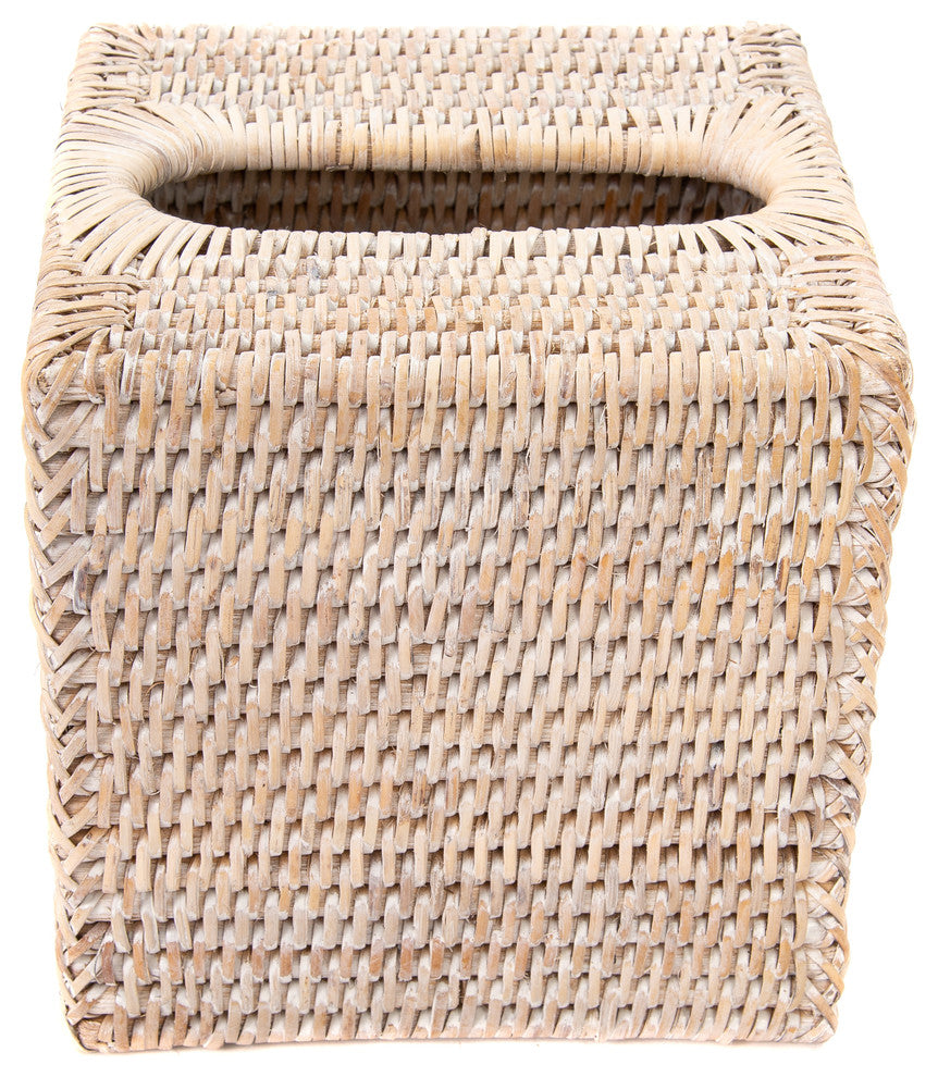 Artifacts Rattan Column Tissue Box Cover, White Wash