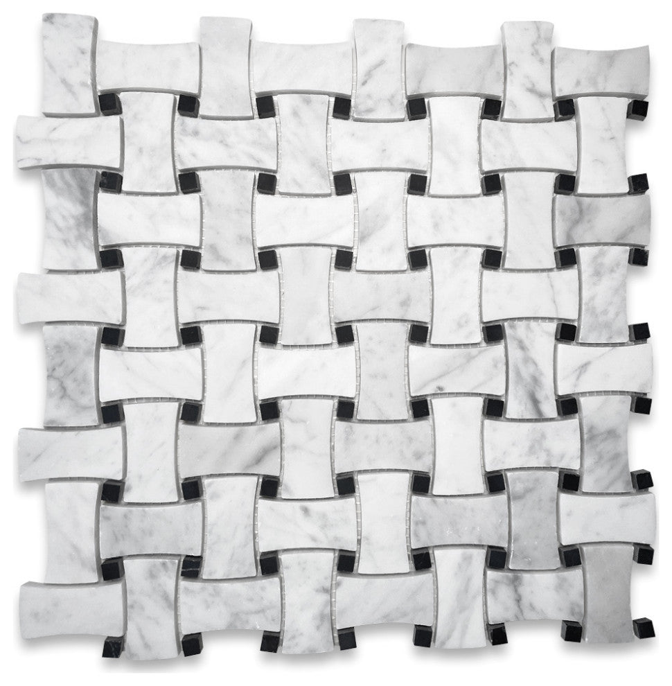 White Carrara Venato Marble DogBone Basketweave Mosaic Tile Honed, 1 sheet