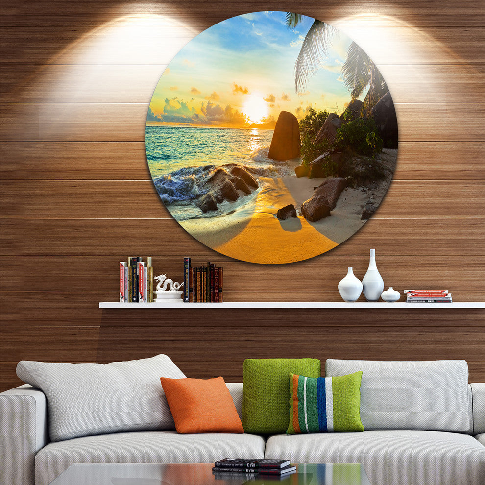 Sunset In Tropical Beach, Landscape Photo Large Disc Metal Artwork, 23"