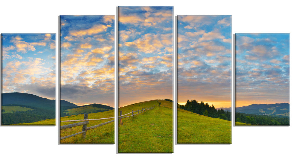 Green Evening Countryside, Landscape Canvas Art Print, 60"x32", 5 Panels