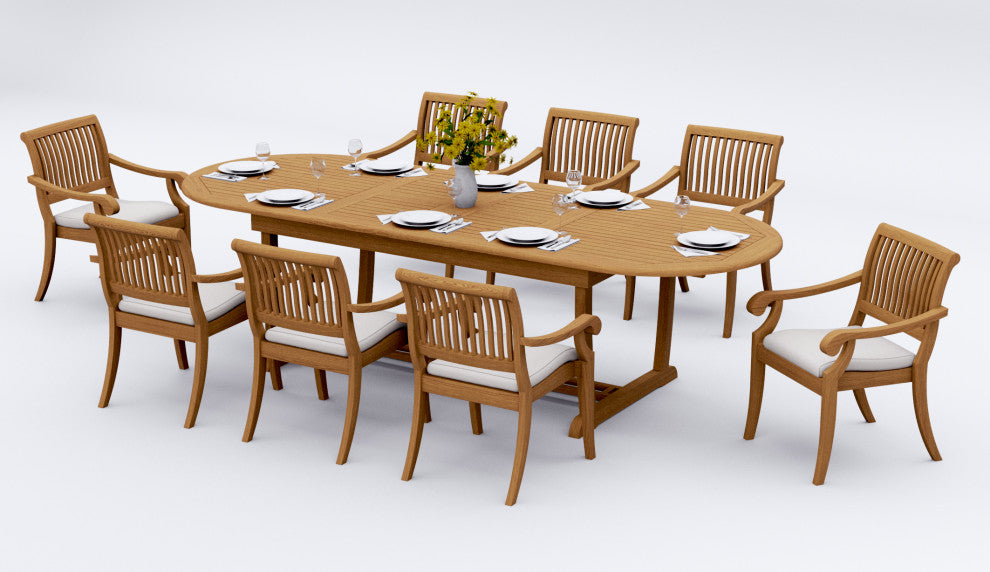 9-Piece Outdoor Teak Dining Set: 117" Masc Oval Table, 8 Arbor Arm Chairs