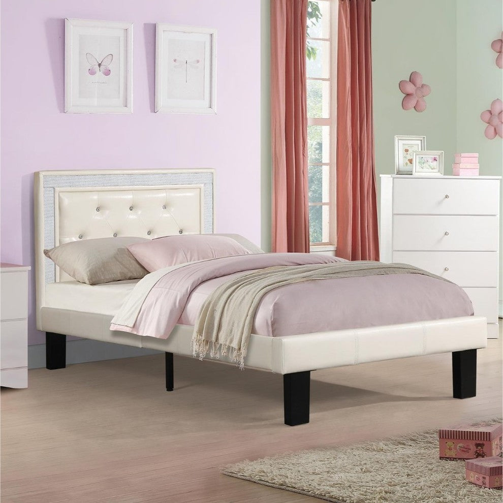 Benzara BM168651 Wooden Full Bed Light Bone PU Tufted Head Board, White Finish