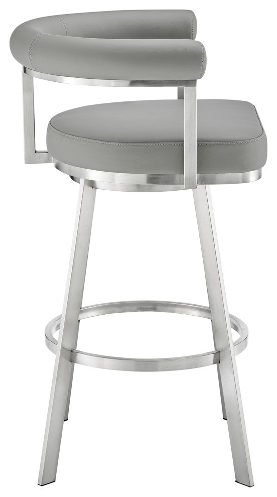 Nolagam Swivel Bar Stool, Brushed Stainless Steel With Light Gray Faux Leather