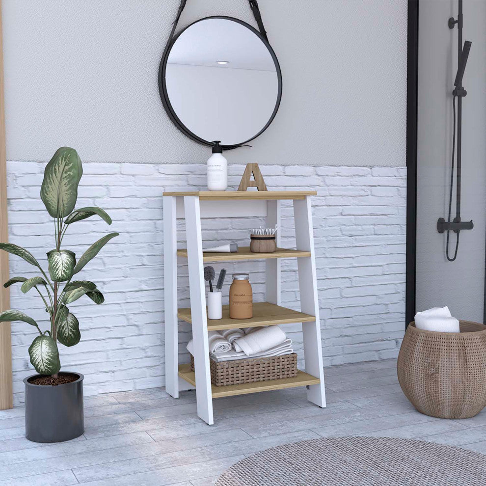 FM FURNITURE Phoenix Linen Cabinet with 3 Open Shelves, Light Oak/ White