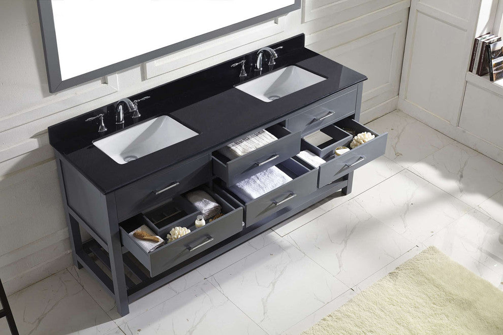 Virtu Caroline Estate 72" Double Bathroom Vanity, Gray With Faucet and Mirror