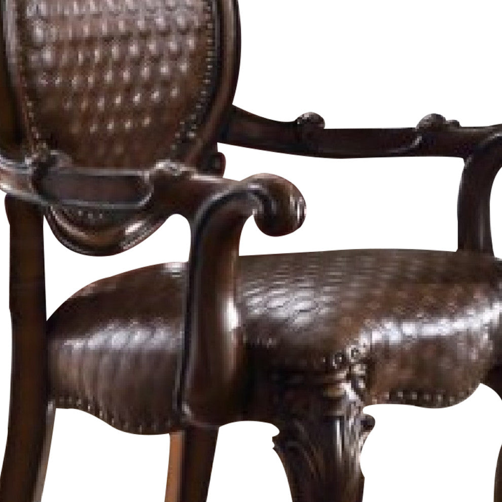 Benzara BM276283 Solid Wood Carved Armchair, Rolled Arms, Vegan Leather, Cherry