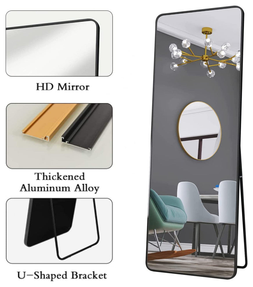 63" x 20" Metal Framed Freestanding Full Length Mirror, Black, 20" X 63"