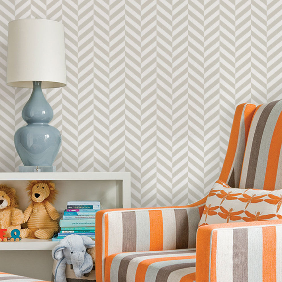 Herringbone Solid Peel and Stick Vinyl Wallpaper, Beige, 24"w X 60"h