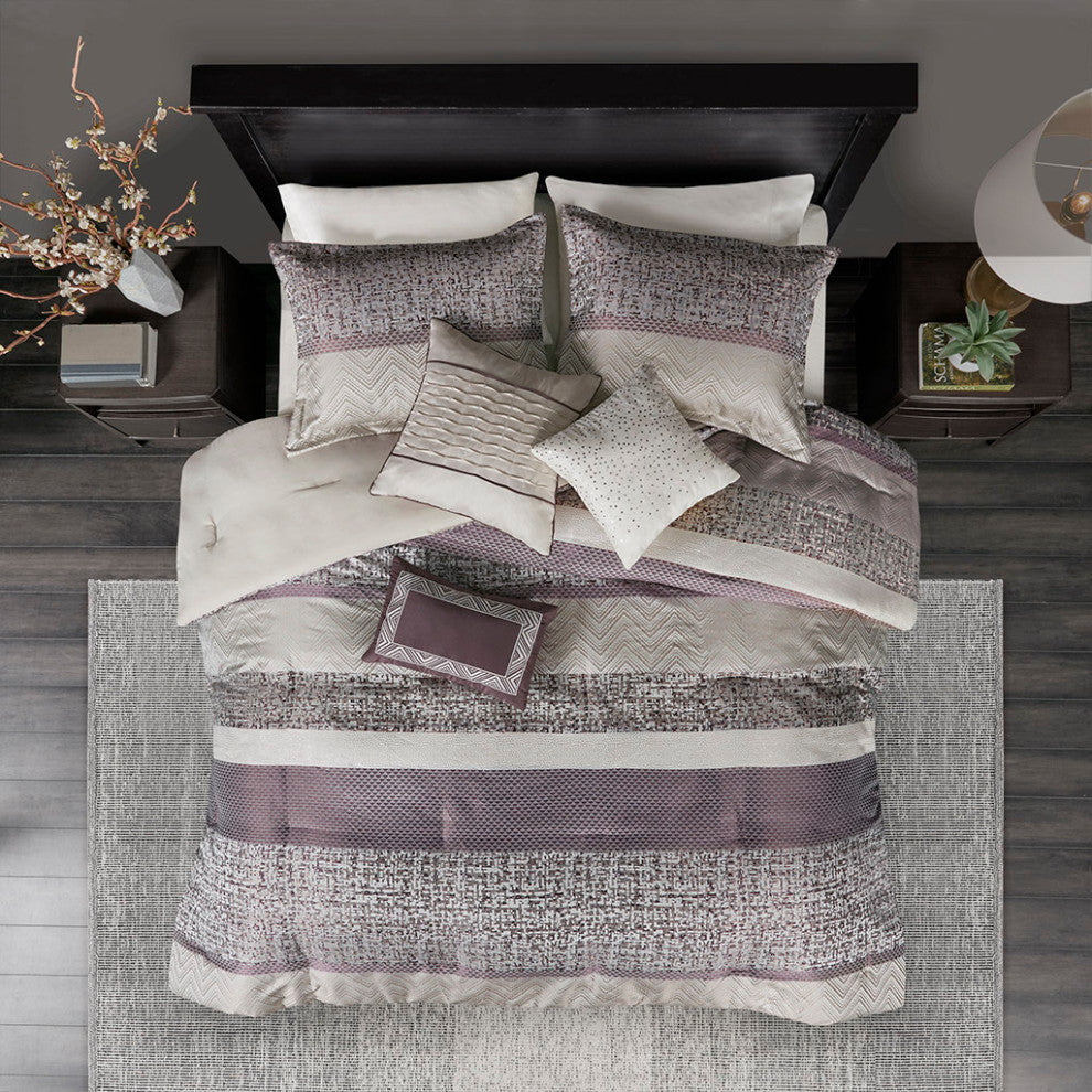 Madison Park Rhapsody Jacquard Stripe Mosaic 7-Piece Comforter Set, Purple