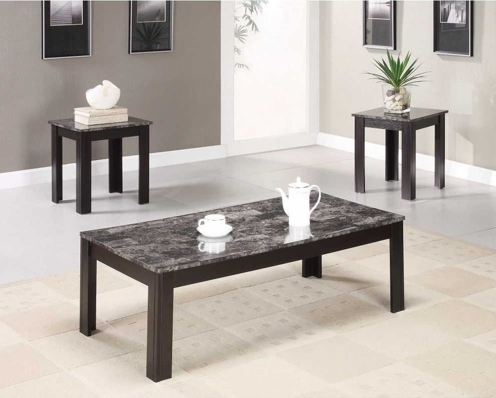 Benzara BM156133 Impressive 3 piece occasional table set with marble top, black