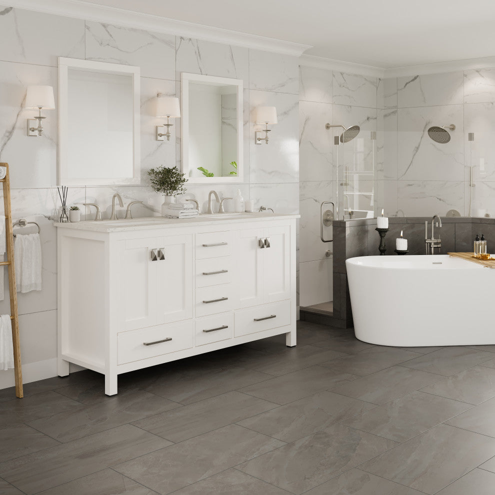 Eviva Aberdeen 60"Wx22"D Double Sink Bathroom Vanity, Quartz Countertop