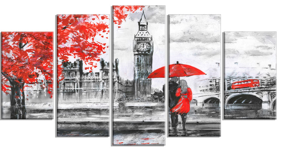 Couples Walking in Paris, Landscape Canvas Art Print, 60"x32", 5 Panels