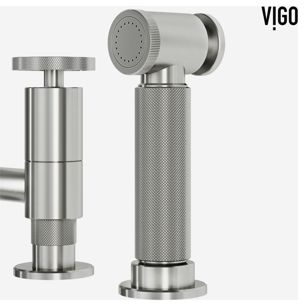 VIGO Cass 12" H 2-Handle Widespread Bridge Pull-Out Sprayer Kitchen Faucet, Stainless Steel