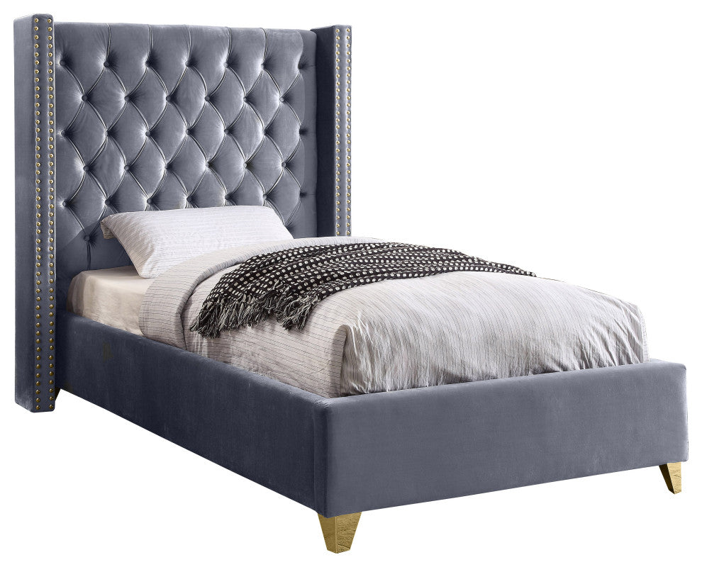 Barolo Velvet Upholstered Bed, Gray, Twin