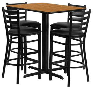 24''Wx42''L Rectangular Natural Laminate Table, 4 Ladder Back Metal Barstools