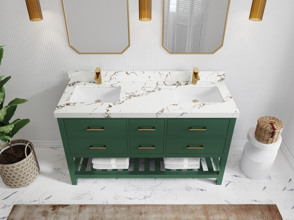 Parker 60" Double Sink Bath Vanity, Lafayette Green 2" Viola Brown