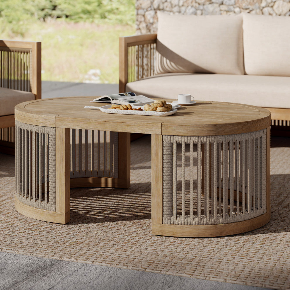 GDF Studio Bart Outdoor Acacia Wood Coffee Table With Rope, Light Teak