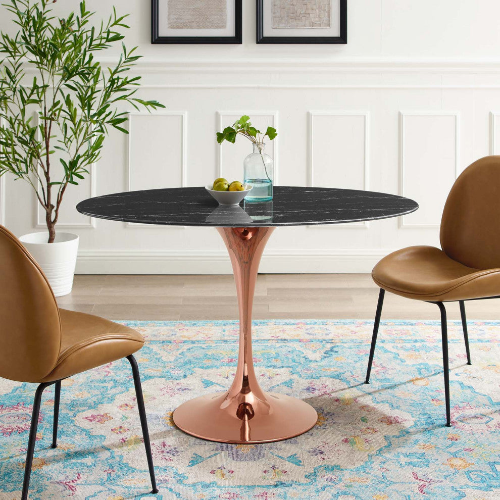 Dining Table, Oval, Artificial Marble, Metal, Rose Gold Black, Modern, Bistro