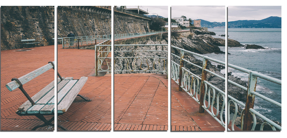 "Seating in Genoa Nervi Coast" Seashore Wall Art, 5 Panels, 60"x28"