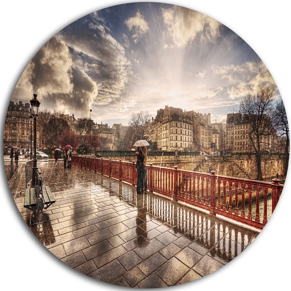 Bridge In Rain, Landscape Photo Round Metal Wall Art, 38"